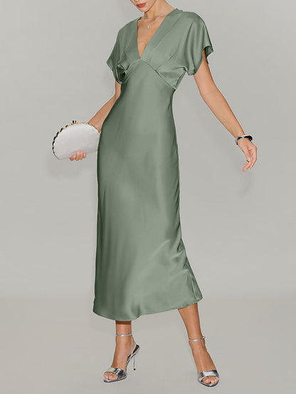 Satin V-Neck Flutter Sleeve Midi Slip Dress