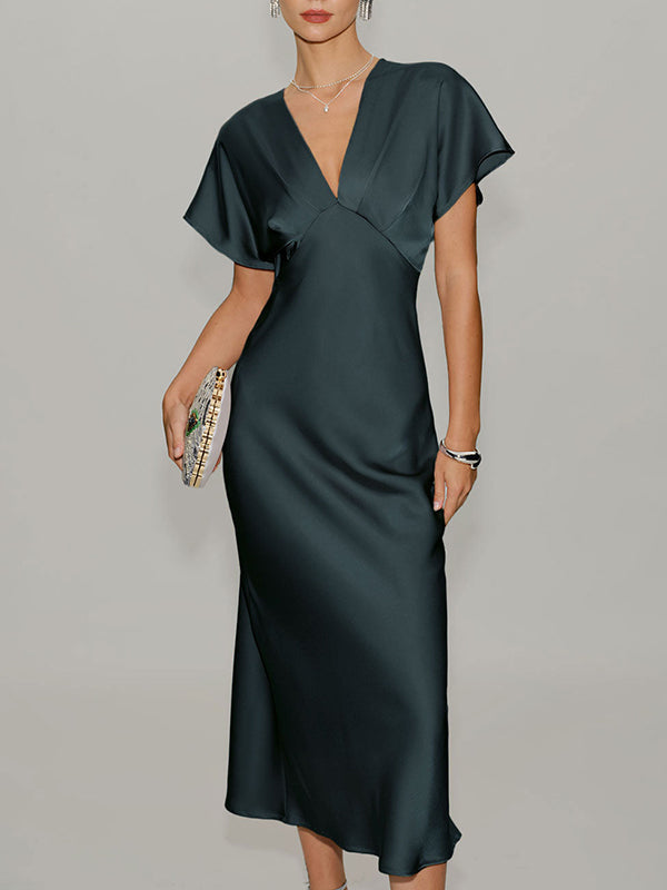 Satin V-Neck Flutter Sleeve Midi Slip Dress