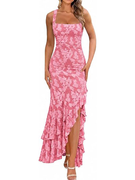 Elegant pleated floral irregular hem long dress