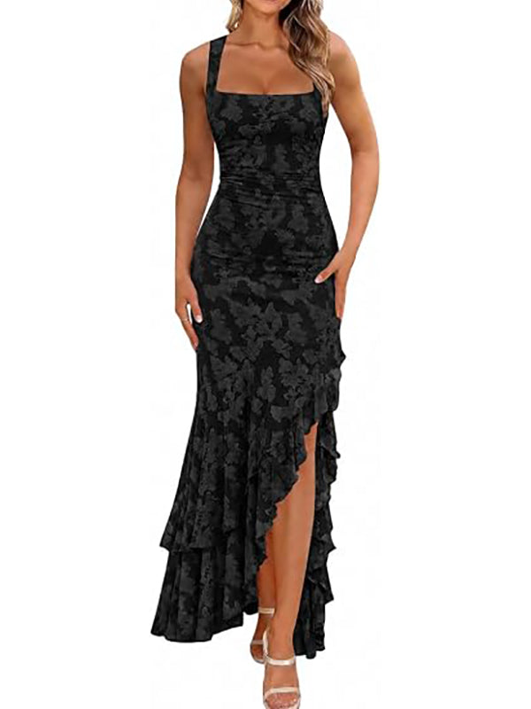 Elegant pleated floral irregular hem long dress
