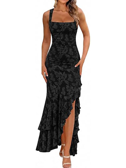 Elegant pleated floral irregular hem long dress
