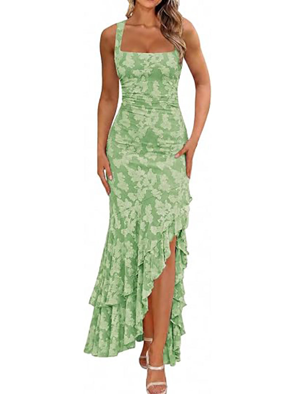 Elegant pleated floral irregular hem long dress