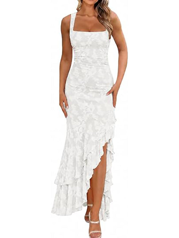 Elegant pleated floral irregular hem long dress