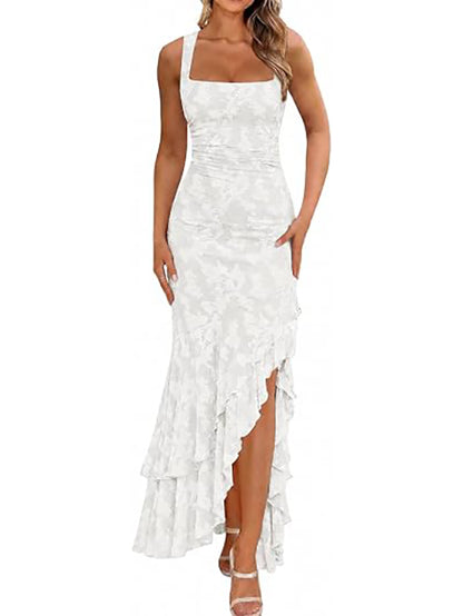 Elegant pleated floral irregular hem long dress