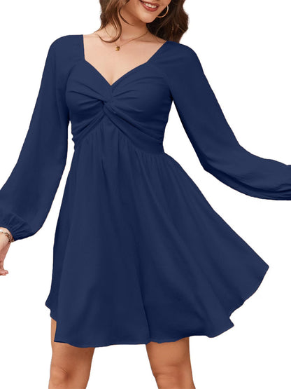 Elegant Twist Front V-Neck Long Sleeve Mini Dress