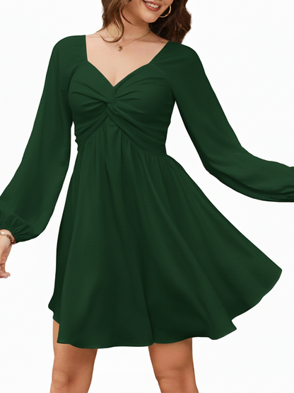 Elegant Twist Front V-Neck Long Sleeve Mini Dress