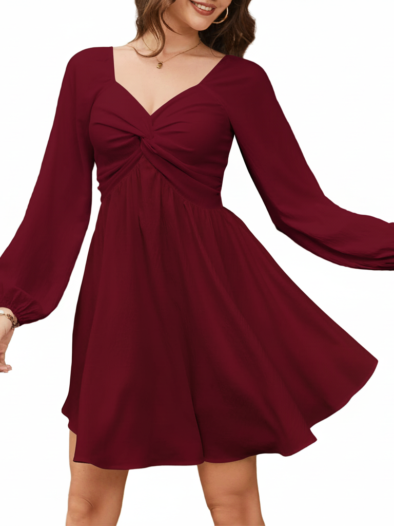 Elegant Twist Front V-Neck Long Sleeve Mini Dress
