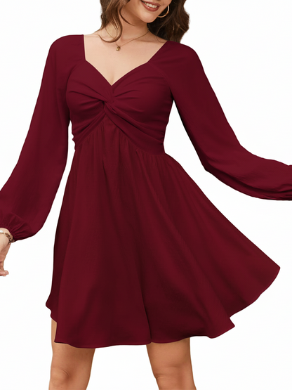 Elegant Twist Front V-Neck Long Sleeve Mini Dress