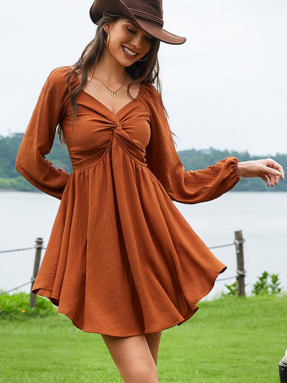 Elegant Twist Front V-Neck Long Sleeve Mini Dress