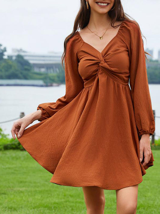 Elegant Twist Front V-Neck Long Sleeve Mini Dress
