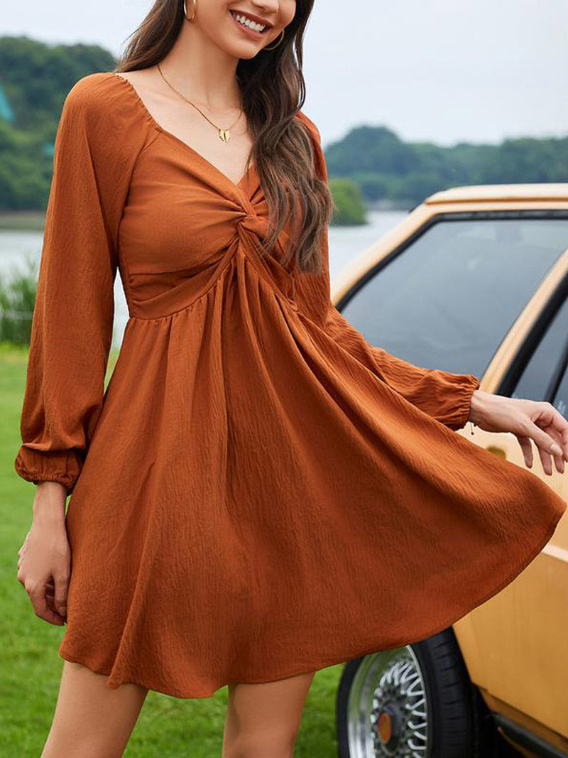 Elegant Twist Front V-Neck Long Sleeve Mini Dress