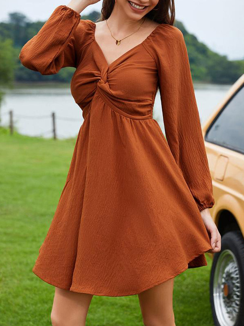 Elegant Twist Front V-Neck Long Sleeve Mini Dress
