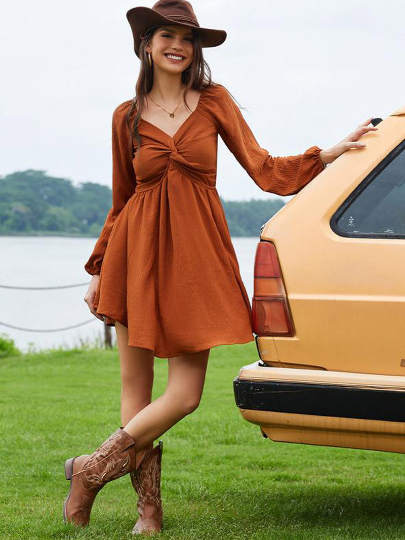 Elegant Twist Front V-Neck Long Sleeve Mini Dress
