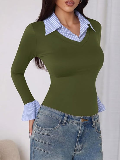 Chic Fake Two-Piece Striped Collar V-Neck Long Sleeve Top
