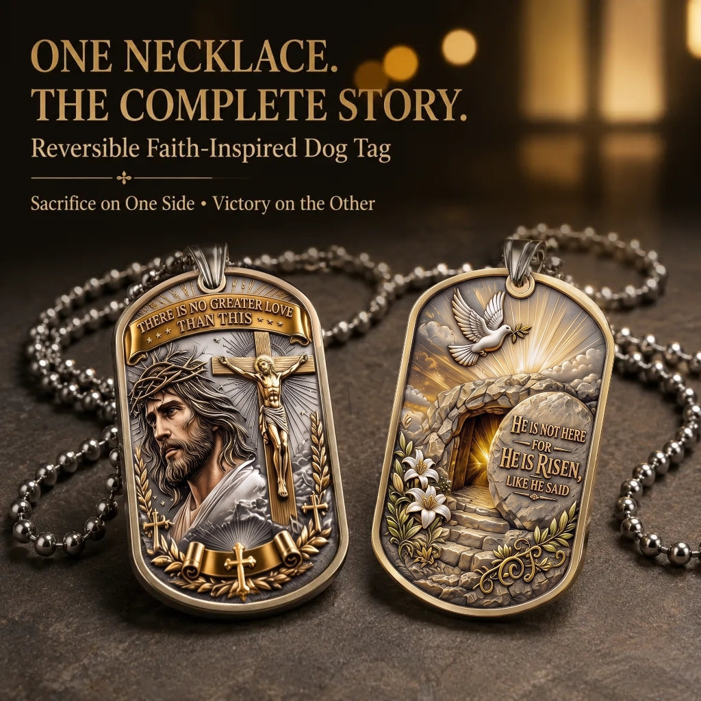 ✝️ "The Ultimate Love" Reversible Christian Dog Tag Necklace – Jesus Crucifix & Empty Tomb
