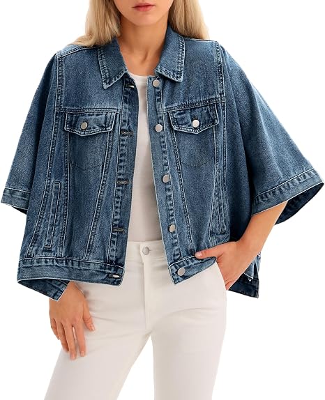Women's Oversized Short Denim Cape Jacket with Pockets
