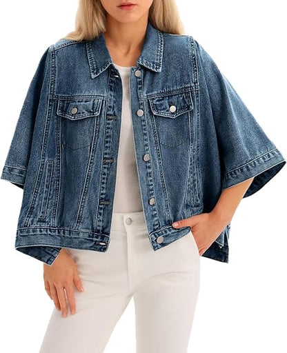Women's Oversized Short Denim Cape Jacket with Pockets