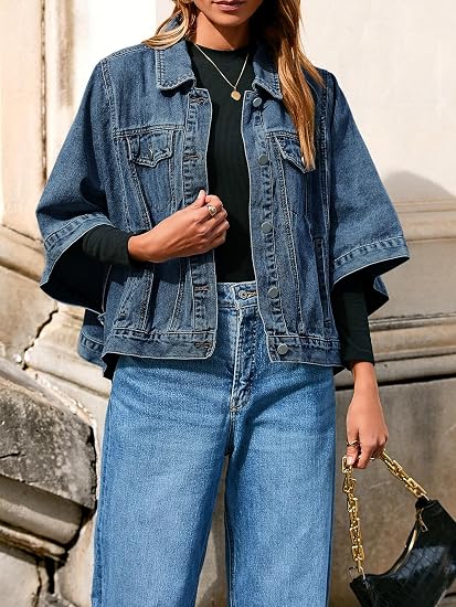 Women's Oversized Short Denim Cape Jacket with Pockets