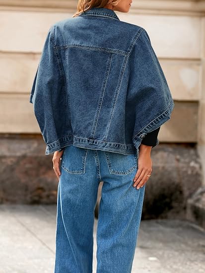 Women's Oversized Short Denim Cape Jacket with Pockets