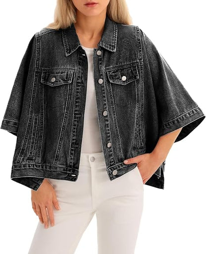 Women's Oversized Short Denim Cape Jacket with Pockets