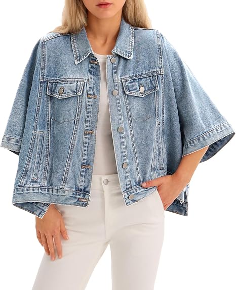Women's Oversized Short Denim Cape Jacket with Pockets