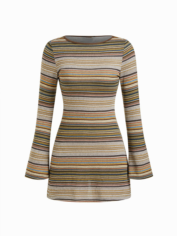 Retro striped bell sleeve knit mini skirt