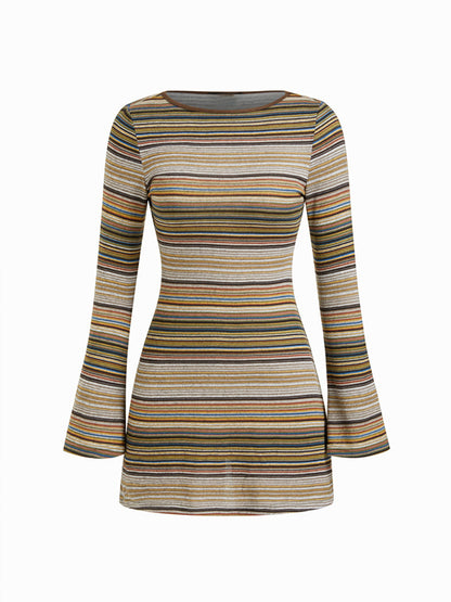 Retro striped bell sleeve knit mini skirt