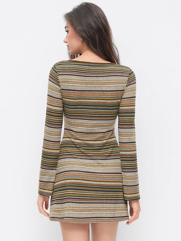 Retro striped bell sleeve knit mini skirt