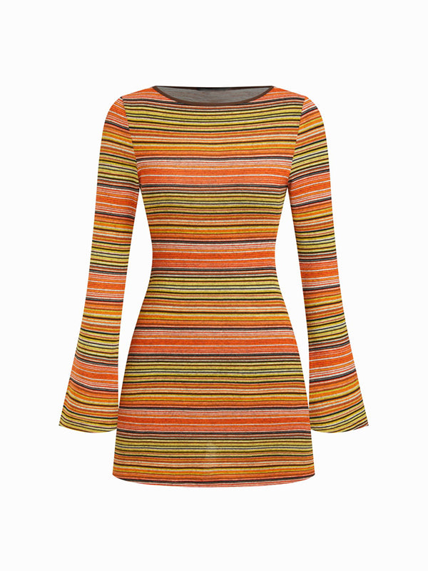 Retro striped bell sleeve knit mini skirt