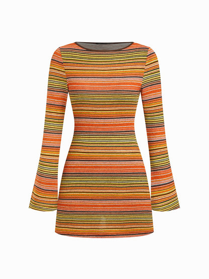 Retro striped bell sleeve knit mini skirt
