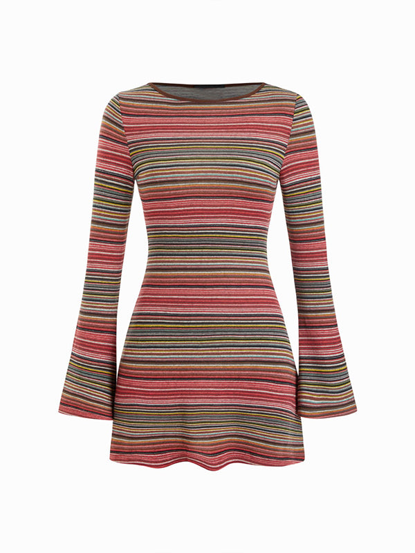 Retro striped bell sleeve knit mini skirt
