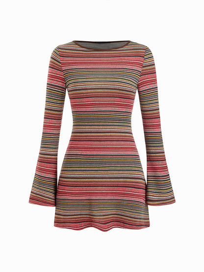 Retro striped bell sleeve knit mini skirt