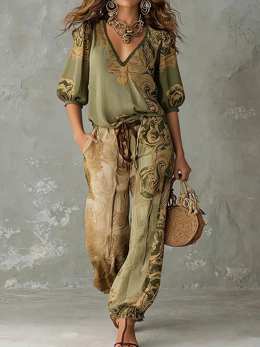 Color-blocked printed V-neck short-sleeved shirt and high-waisted drawstring pocket trousers