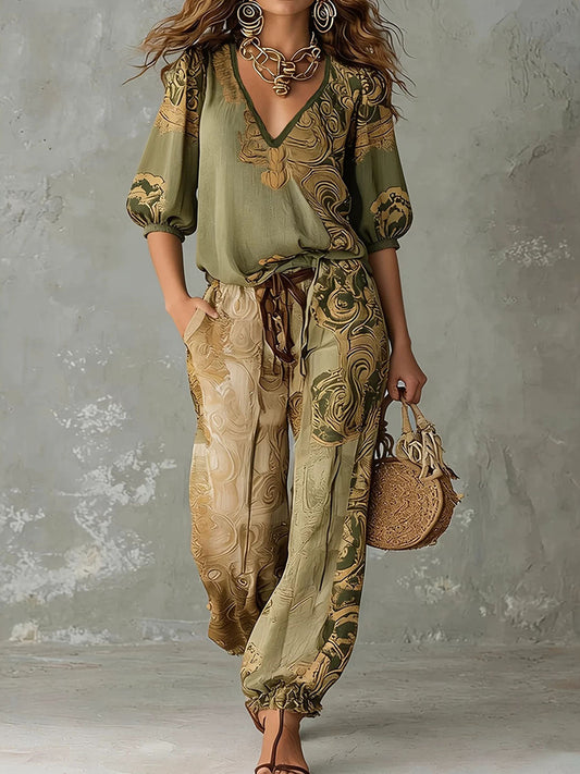 Color-blocked printed V-neck short-sleeved shirt and high-waisted drawstring pocket trousers