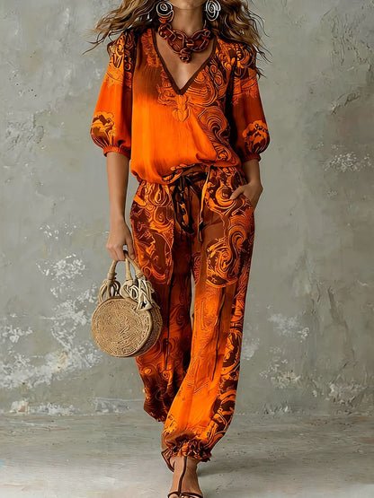 Color-blocked printed V-neck short-sleeved shirt and high-waisted drawstring pocket trousers