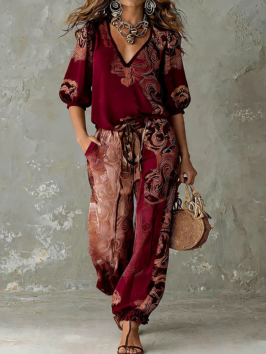 Color-blocked printed V-neck short-sleeved shirt and high-waisted drawstring pocket trousers