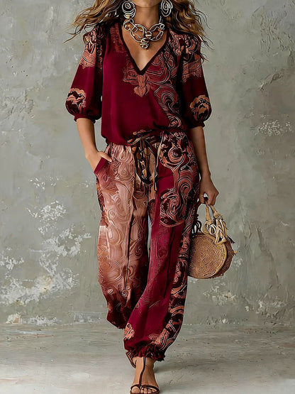 Color-blocked printed V-neck short-sleeved shirt and high-waisted drawstring pocket trousers