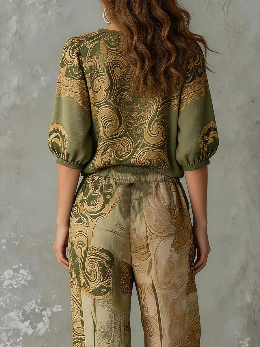 Color-blocked printed V-neck short-sleeved shirt and high-waisted drawstring pocket trousers