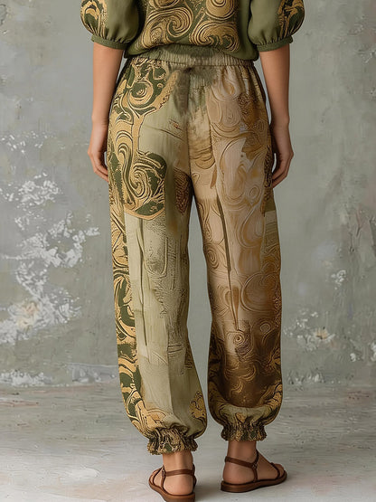 Color-blocked printed V-neck short-sleeved shirt and high-waisted drawstring pocket trousers