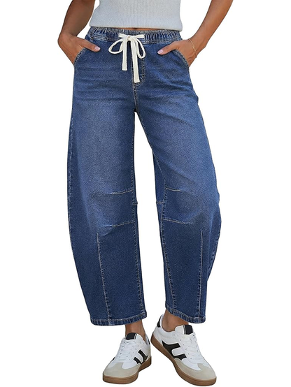 Women's drawstring wide-leg loose-fitting jeans with seams