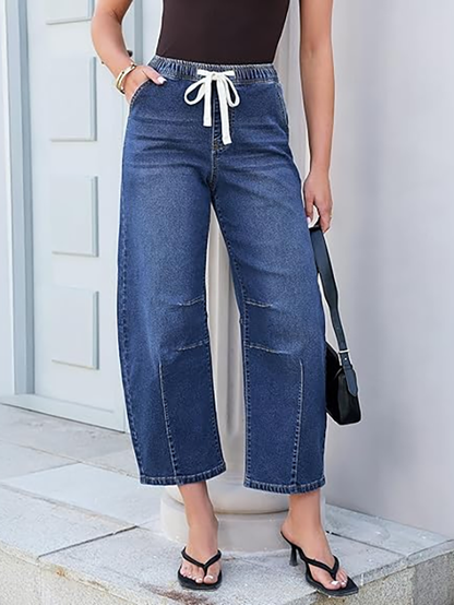 Women's drawstring wide-leg loose-fitting jeans with seams