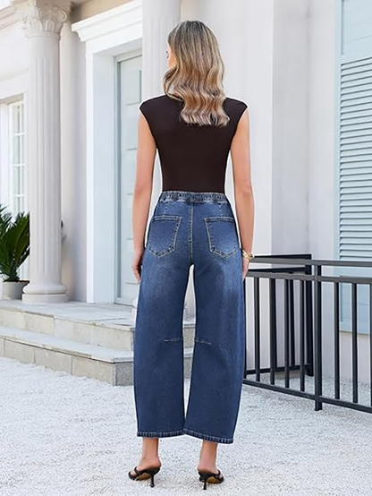 Women's drawstring wide-leg loose-fitting jeans with seams