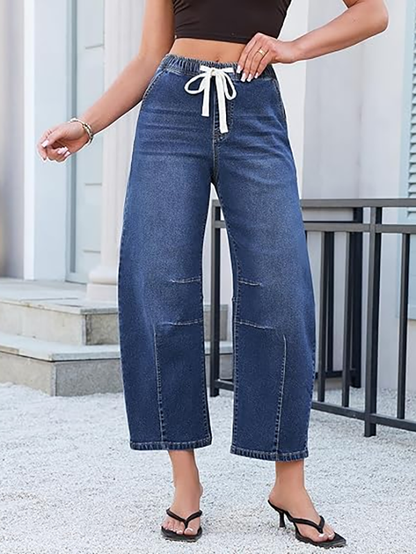 Women's drawstring wide-leg loose-fitting jeans with seams