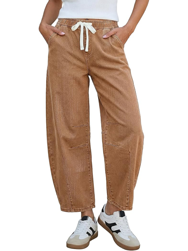 Women's drawstring wide-leg loose-fitting jeans with seams
