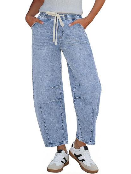 Women's drawstring wide-leg loose-fitting jeans with seams