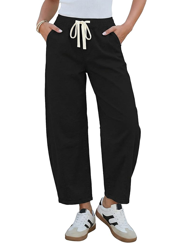 Women's drawstring wide-leg loose-fitting jeans with seams