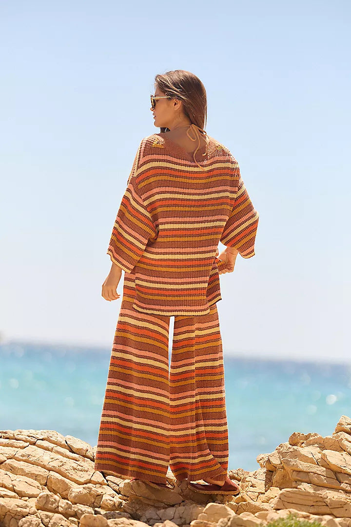 Retro striped knit crew neck top and wide-leg pants two-piece set