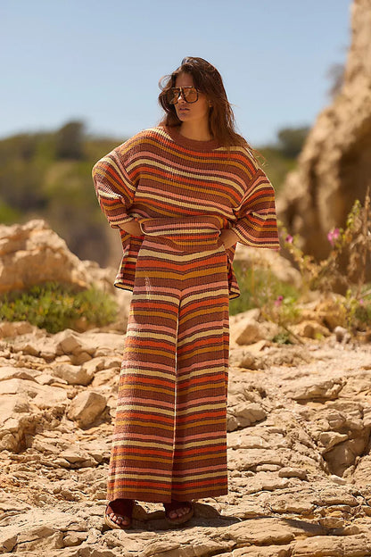 Retro striped knit crew neck top and wide-leg pants two-piece set