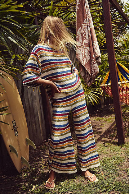Retro striped knit crew neck top and wide-leg pants two-piece set