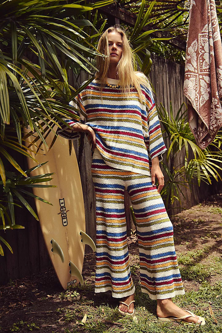Retro striped knit crew neck top and wide-leg pants two-piece set